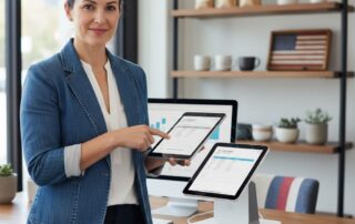 Small business owner reviewing digital invoice on tablet with POS system in modern retail office