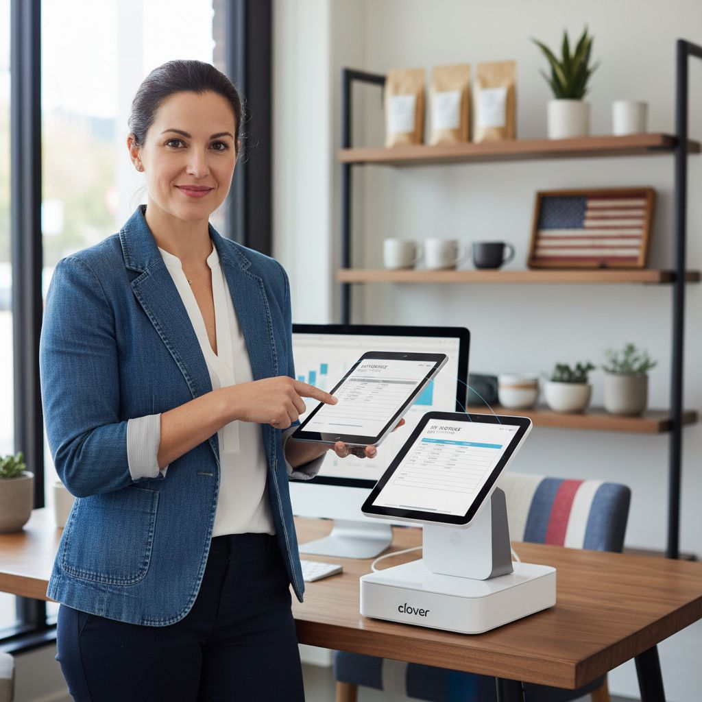 Small business owner reviewing digital invoice on tablet with POS system in modern retail office