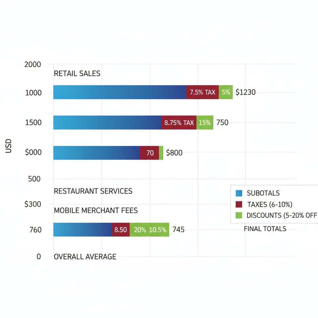 Horizontal bar chart showing invoice total breakdowns for retail, restaurant, and mobile services in USD, with subtotals, taxes, discounts.