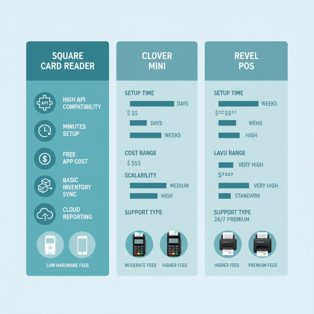 Infographic comparing Square POS integration features and ease with Clover Mini, Lavu, and Revel systems for US merchants