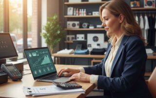 Confident business owner reviewing payment fees on laptop in modern retail office with POS terminal.