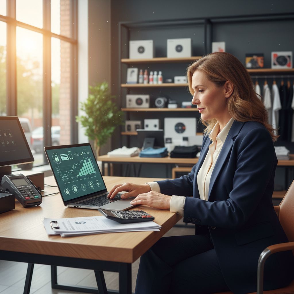 featured-featured_navigating_paypal_fees_001 Confident business owner reviewing payment fees on laptop in modern retail office with POS terminal.