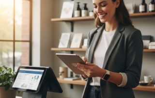 Confident small business owner reviewing credit card statements on tablet in modern retail store with POS system