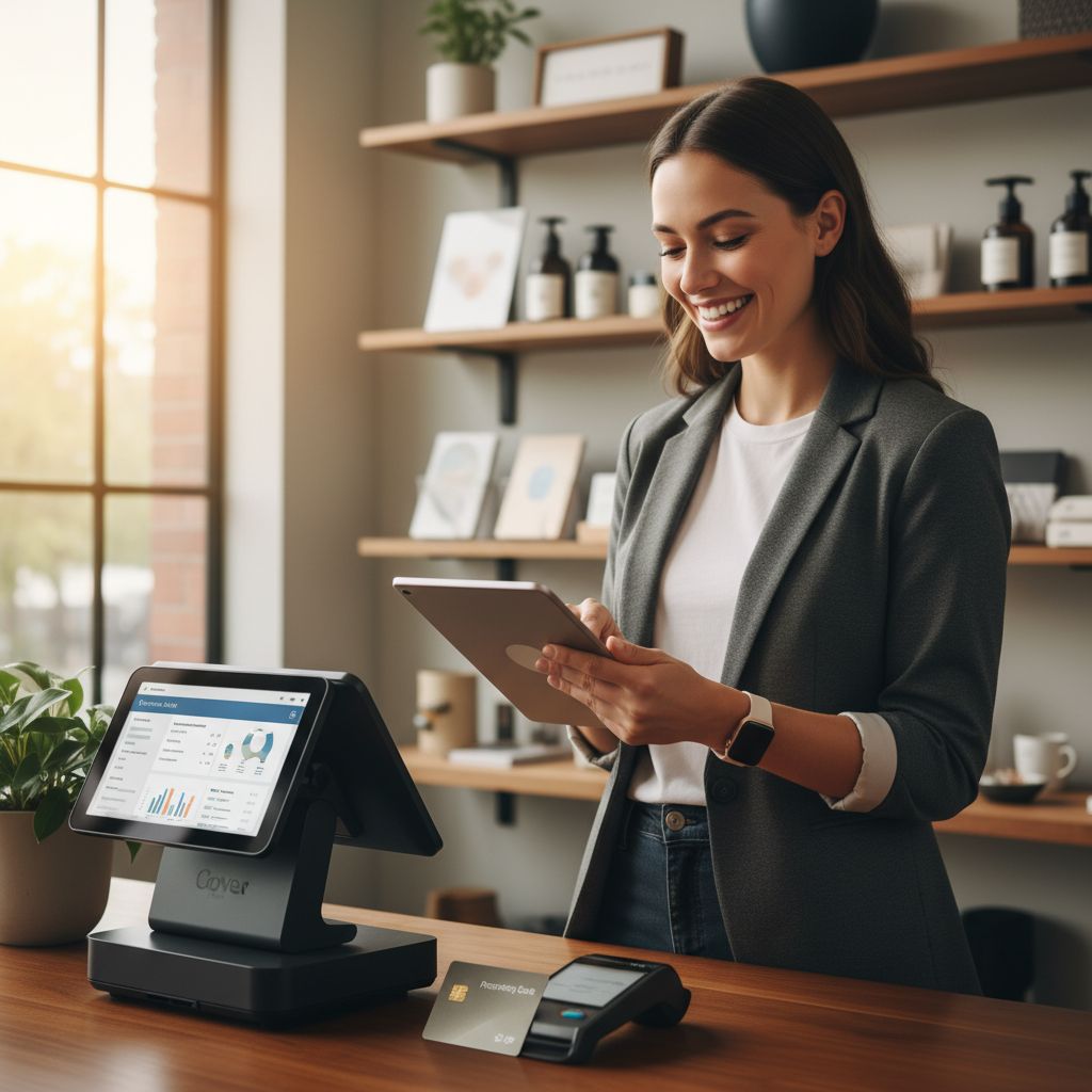 featured-featured_pos_credit_2025 Confident small business owner reviewing credit card statements on tablet in modern retail store with POS system