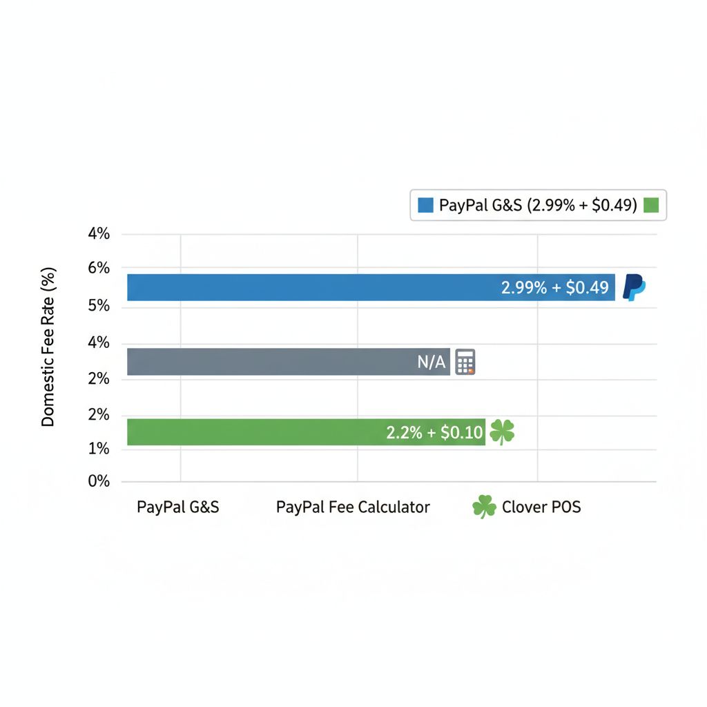 Horizontal bar chart comparing domestic payment processing fees: PayPal G&S 2.99% + $0.49 in blue, PayPal Fee Calculator N/A in gray, Clover POS 2.2% + $0.10 in green.