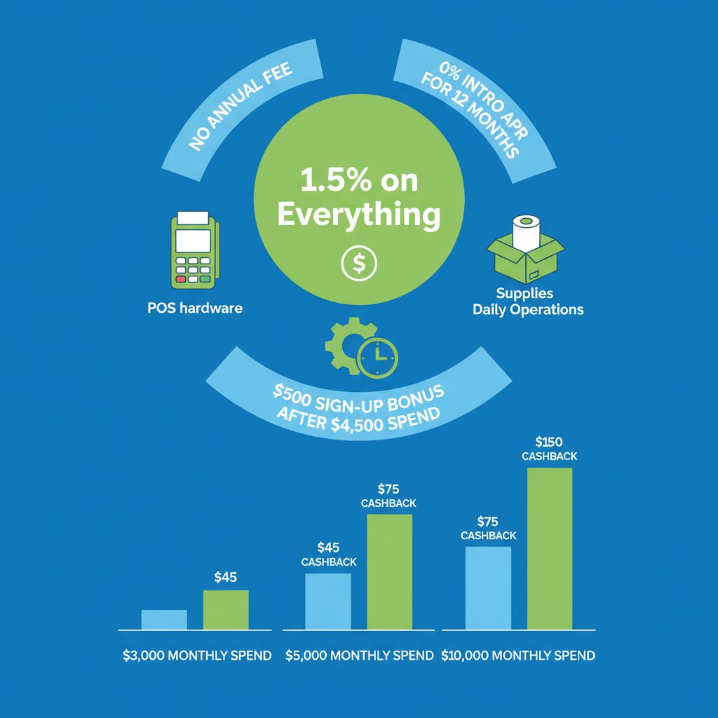 Infographic depicting 1.5% unlimited cashback rewards, icons for merchant operations, benefits like no fees and bonus, and bar graph comparisons for different spending levels.