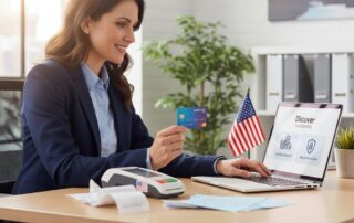 Confident business owner in modern office evaluating Discover credit card options on laptop, holding card, surrounded by POS terminal and business elements.