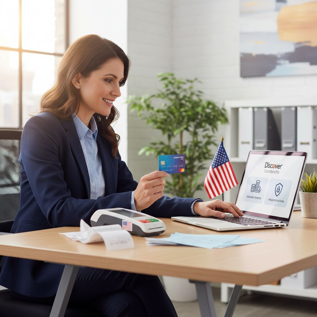 Confident business owner in modern office evaluating Discover credit card options on laptop, holding card, surrounded by POS terminal and business elements.