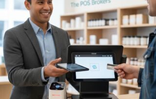 Professional image of a merchant using Clover POS terminal to process a contactless payment at a modern retail counter in a US small business.