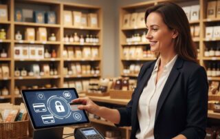 A small business owner smiling while processing a credit card payment on a sleek POS terminal in a busy retail store, with merchandise shelves and modern counter in the background.