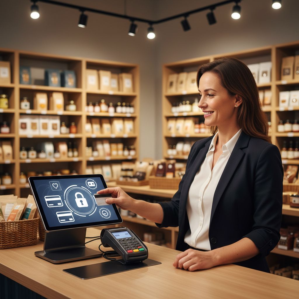 A small business owner smiling while processing a credit card payment on a sleek POS terminal in a busy retail store, with merchandise shelves and modern counter in the background.