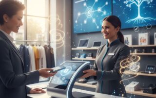 Bustling modern retail store in 2025 with customer using mobile wallet on advanced POS terminal for secure payment.