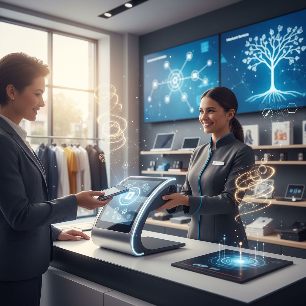 Bustling modern retail store in 2025 with customer using mobile wallet on advanced POS terminal for secure payment.
