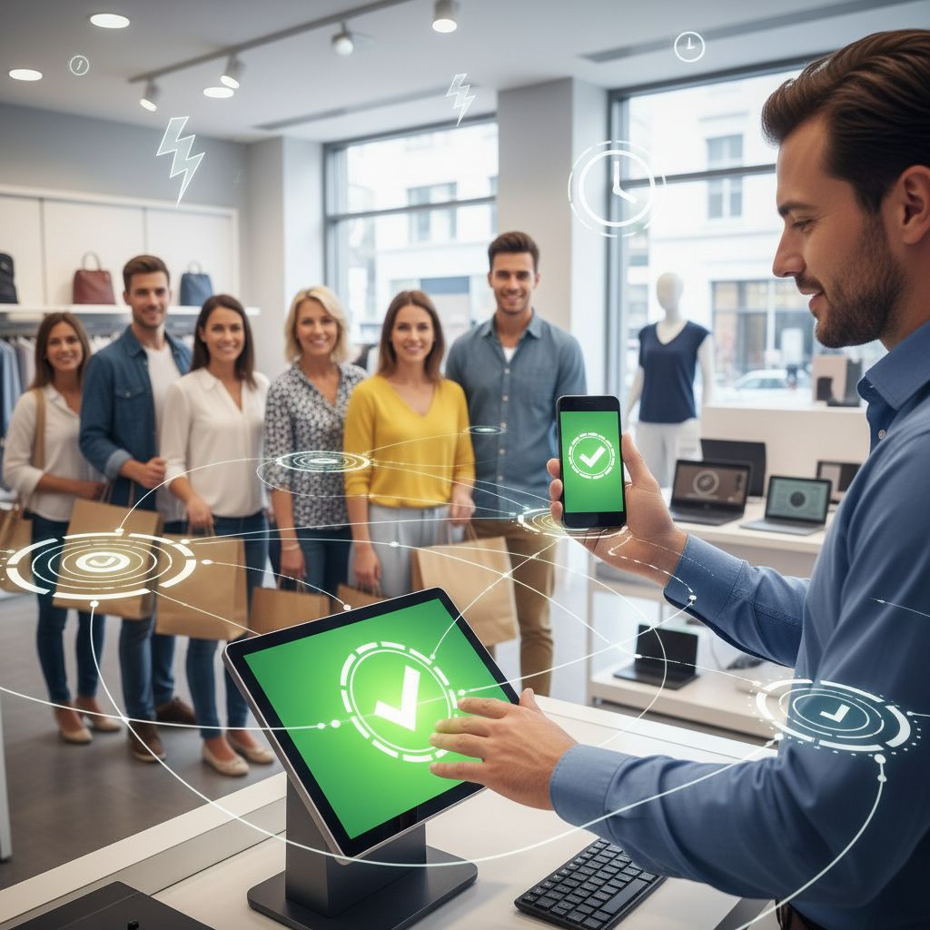 Professional photo of merchant processing real-time payment on POS terminal in busy retail store