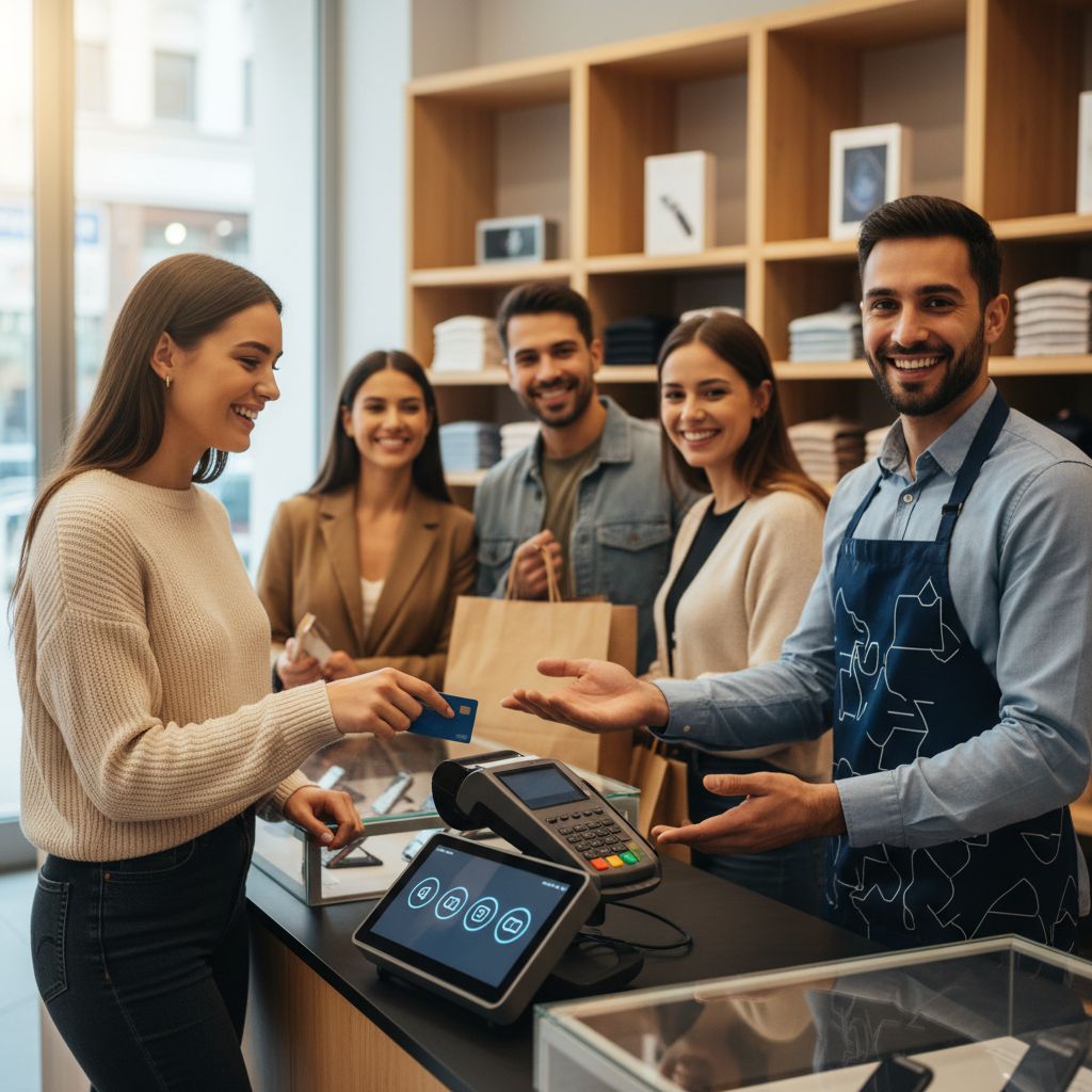 Diverse shoppers using Buy Now Pay Later at a modern POS terminal in retail store, assisted by friendly merchant.