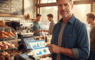 Confident small business owner reviewing transparent pricing report on tablet in a bustling restaurant with POS terminal in background