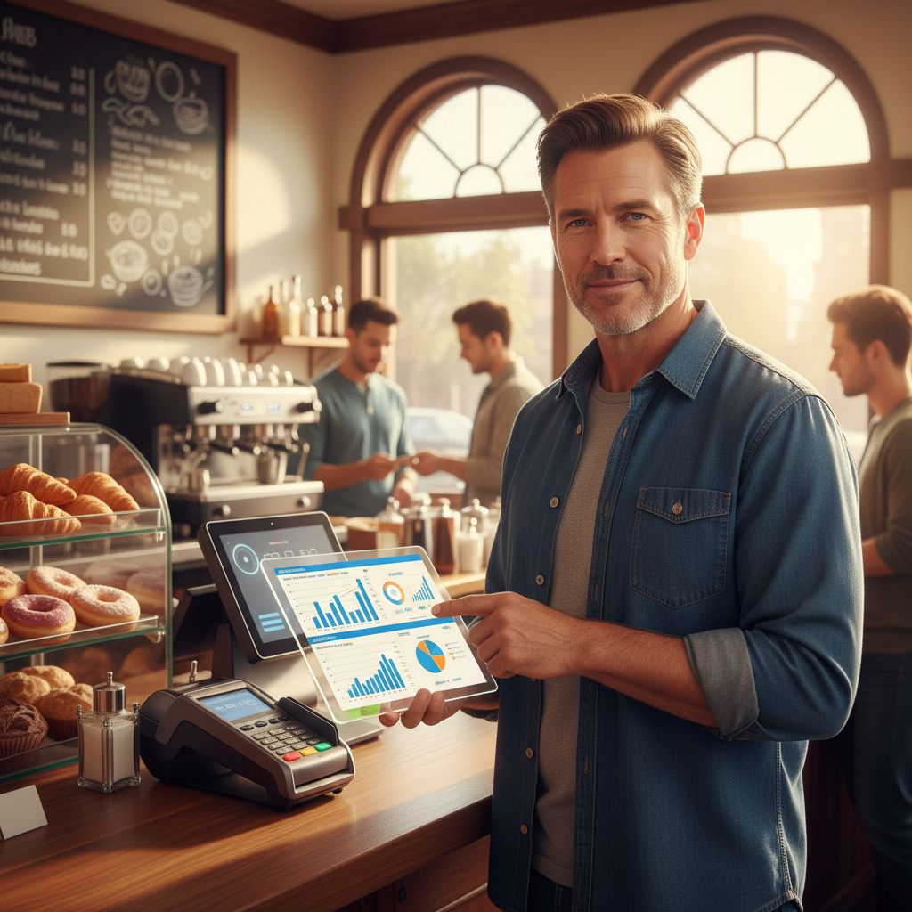 Confident small business owner reviewing transparent pricing report on tablet in a bustling restaurant with POS terminal in background