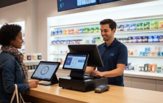 A friendly cashier using a sleek POS terminal to scan items for a customer in a modern retail store, showcasing efficient payment processing technology.