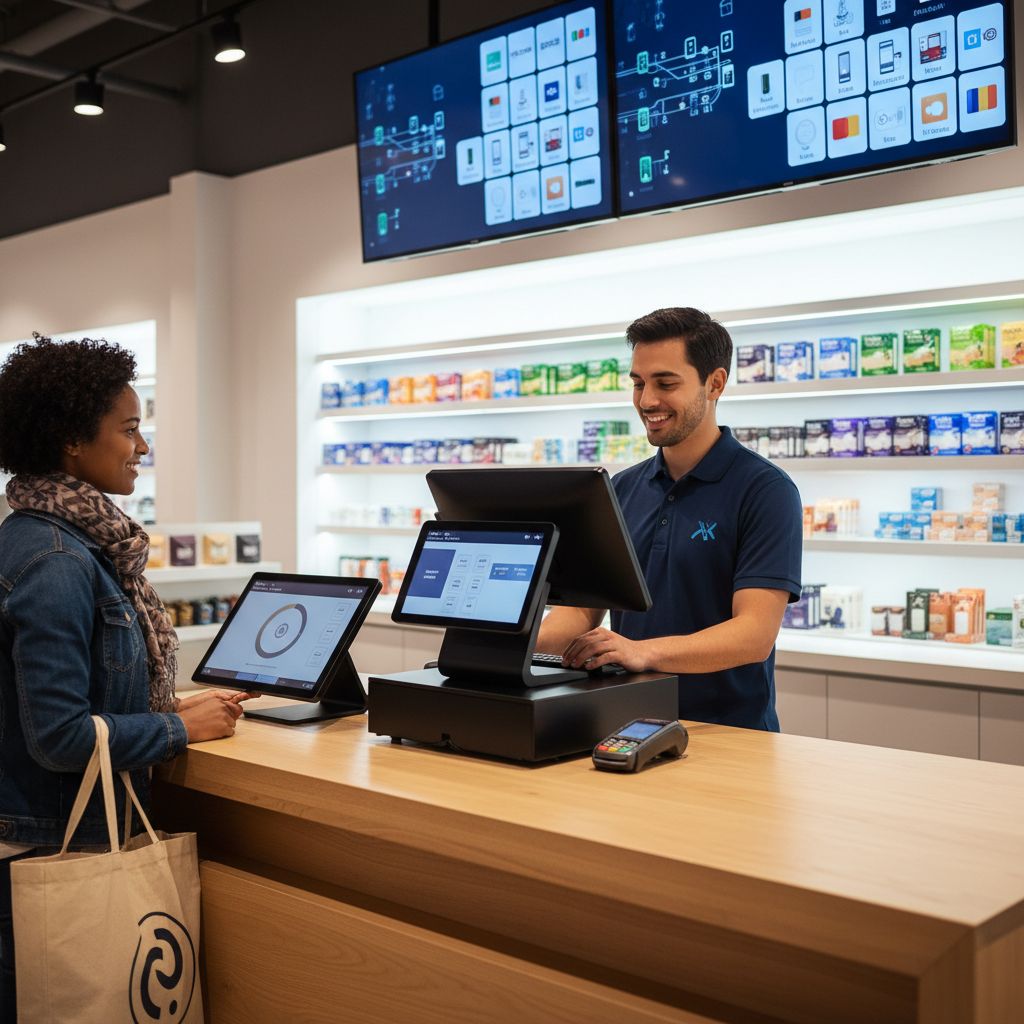 A friendly cashier using a sleek POS terminal to scan items for a customer in a modern retail store, showcasing efficient payment processing technology.