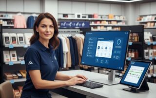 Confident retail manager logging into POS system at modern workstation in store.
