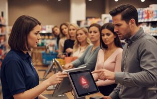 Busy retail counter with Clover POS terminal and customer service representative assisting business owner during peak hours