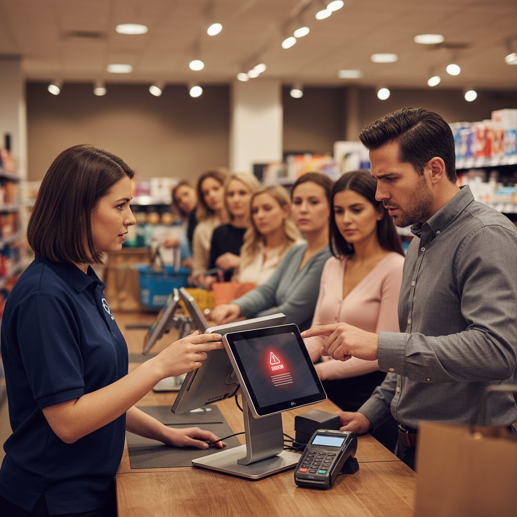 Busy retail counter with Clover POS terminal and customer service representative assisting business owner during peak hours
