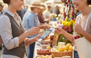 Small business owner using mobile credit card reader at farmers market to accept payment from customer, highlighting portable payment solutions.