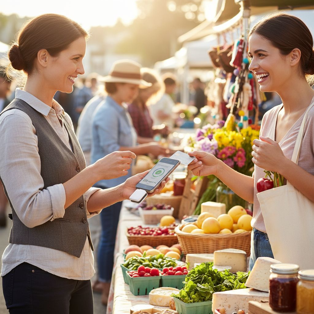 Small business owner using mobile credit card reader at farmers market to accept payment from customer, highlighting portable payment solutions.