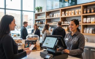 Modern restaurant counter featuring Clover POS terminal processing secure credit card payment with smiling cashier and customer.