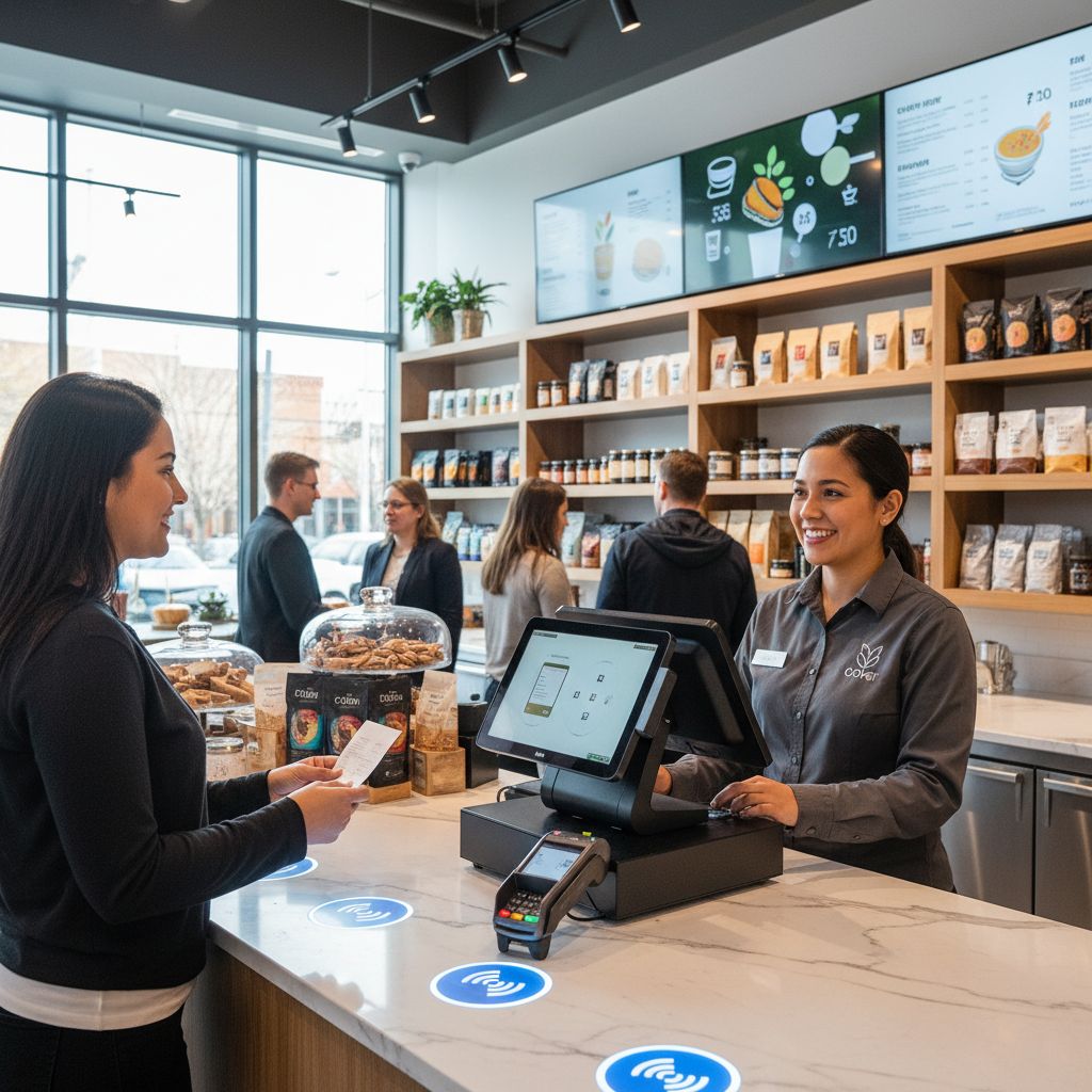 Modern restaurant counter featuring Clover POS terminal processing secure credit card payment with smiling cashier and customer.