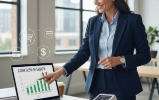 Confident business owner in modern office analyzing cash flow on laptop with POS system integration.