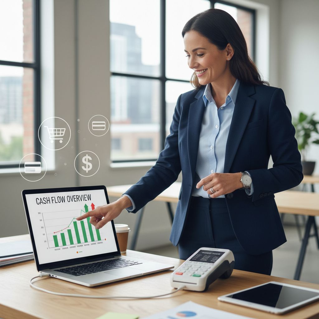 Confident business owner in modern office analyzing cash flow on laptop with POS system integration.