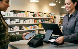 Sleek retail checkout counter with Clover POS terminal processing Apple Pay contactless payment using iPhone, merchant assisting customer.