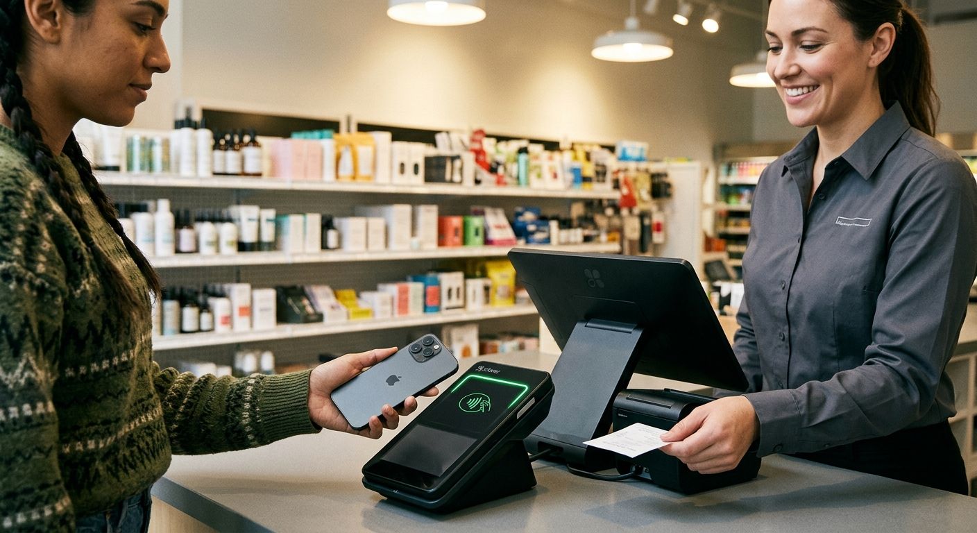 Sleek retail checkout counter with Clover POS terminal processing Apple Pay contactless payment using iPhone, merchant assisting customer.