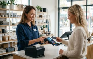 Professional photo of small business owner processing secure credit card payment at modern POS terminal with customer in retail store