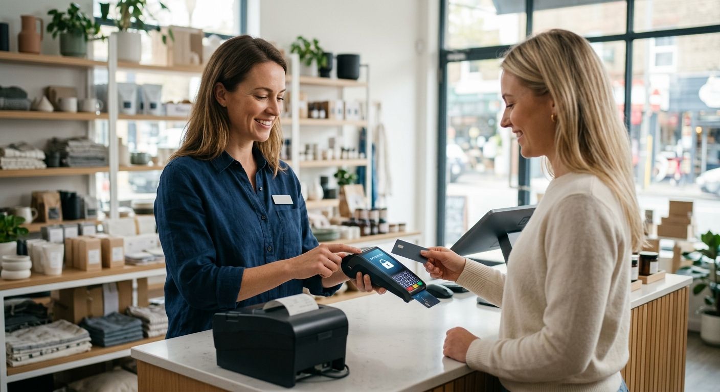 featured-essential-features-of-payment-gateways Professional photo of small business owner processing secure credit card payment at modern POS terminal with customer in retail store