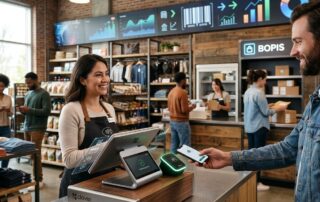 Modern retail store interior with cashier at Clover POS processing contactless payment and BOPIS order pickup, seamless omnichannel experience.