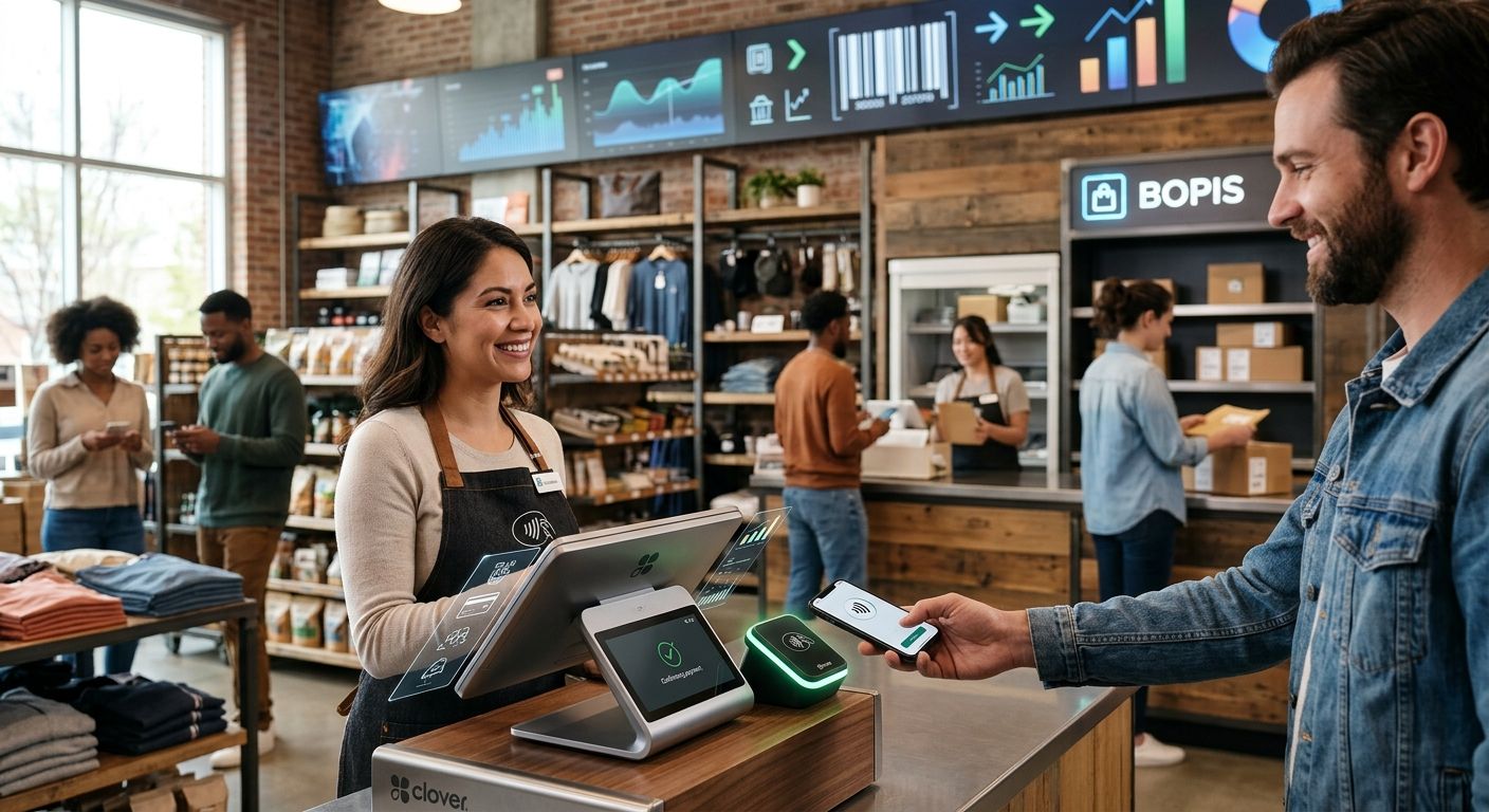 Modern retail store interior with cashier at Clover POS processing contactless payment and BOPIS order pickup, seamless omnichannel experience.