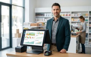 Confident retail manager at POS terminal reviewing graphical inventory dashboard in modern store with organized shelves and efficient scanning operations.