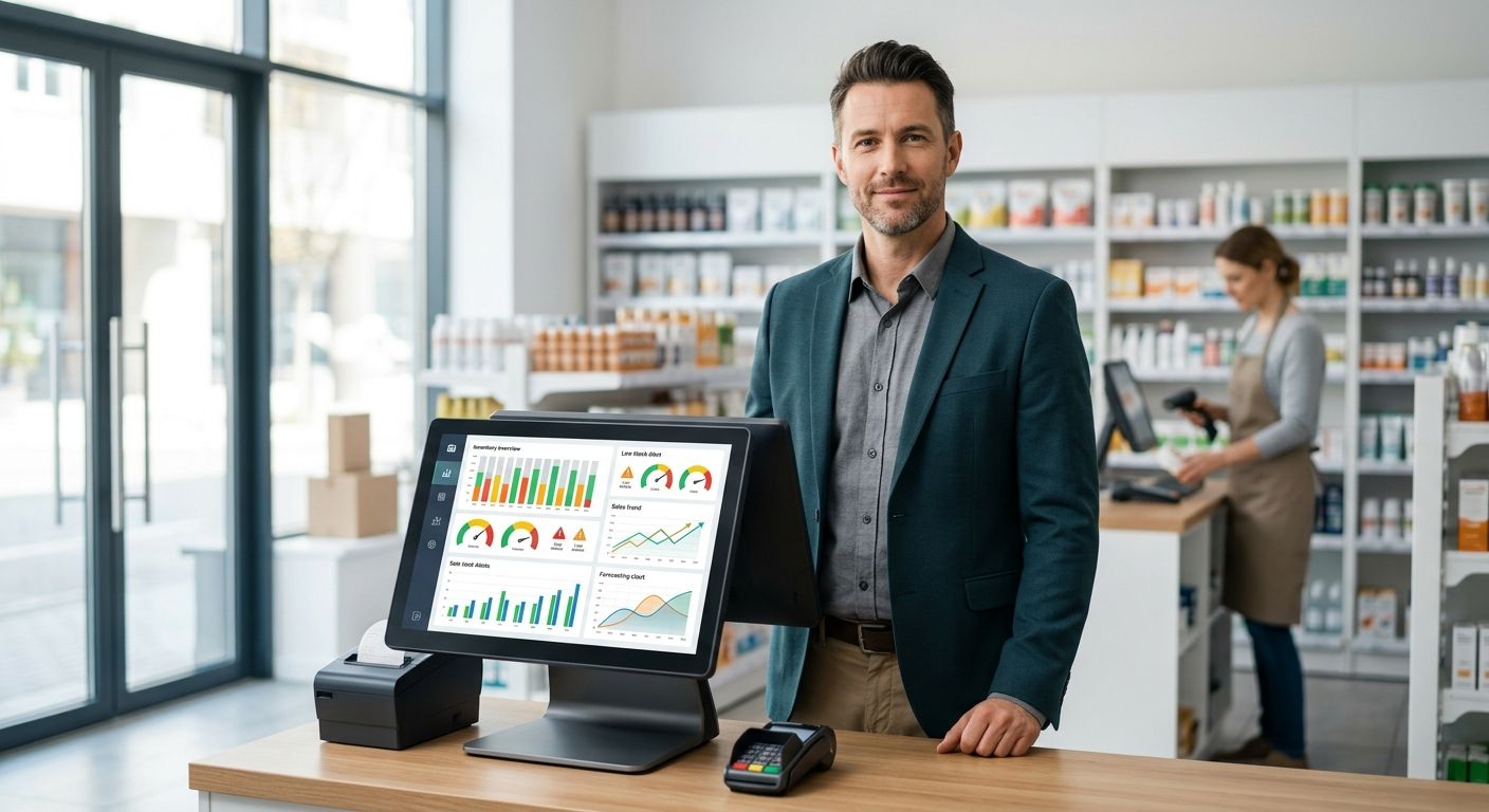 Confident retail manager at POS terminal reviewing graphical inventory dashboard in modern store with organized shelves and efficient scanning operations.