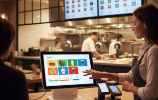 Bustling modern restaurant interior with sleek POS terminal and server processing order