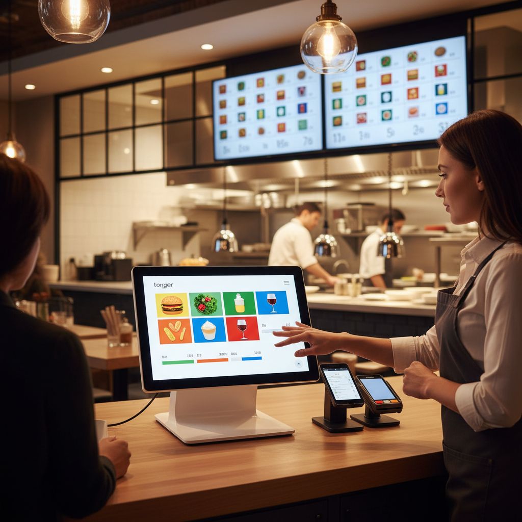 Bustling modern restaurant interior with sleek POS terminal and server processing order