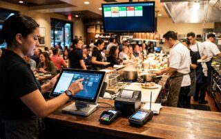 Professional photo of bustling restaurant counter with modern POS system, server using touchscreen terminal, handheld device, kitchen display, and customers dining.