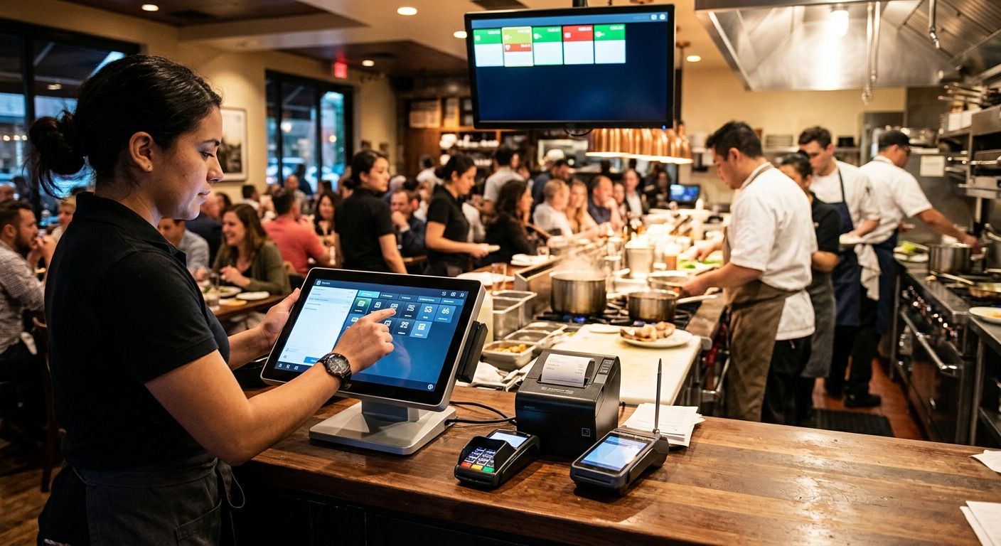 Professional photo of bustling restaurant counter with modern POS system, server using touchscreen terminal, handheld device, kitchen display, and customers dining.
