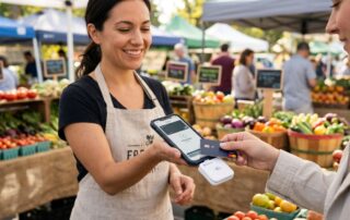 Small business owner using Clover Go mobile card reader at farmers market