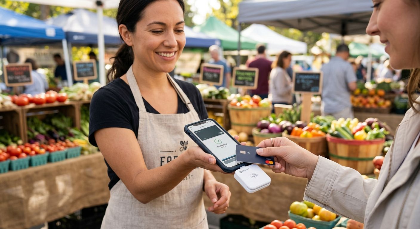 featured-clover-go-mobile-payment-solution-featured-1 Small business owner using Clover Go mobile card reader at farmers market