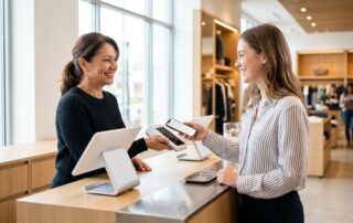 Business owner processing contactless payment on a Clover terminal for a smiling customer in a bright retail store