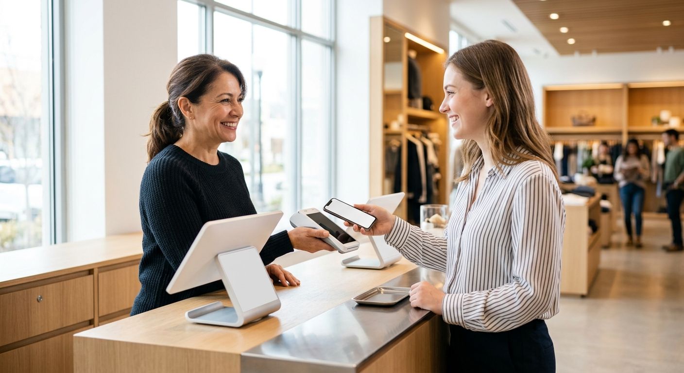 featured-dT0c_eOZTkSJDSn_3EX9tA Business owner processing contactless payment on a Clover terminal for a smiling customer in a bright retail store