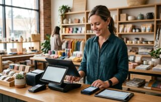 Small business owner using Clover POS terminal in a bright retail environment with tablet and smartphone