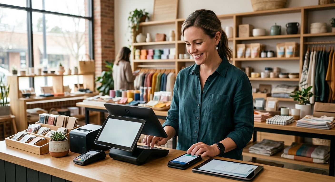 Small business owner using Clover POS terminal in a bright retail environment with tablet and smartphone